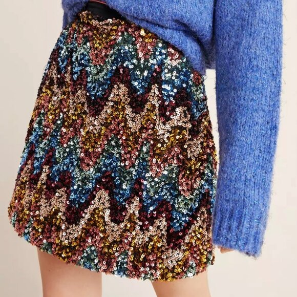 New Anthropologie MAEVE 6 Skirt Sequin Multicolor Zig Zag Chevron Party - Picture 3 of 16